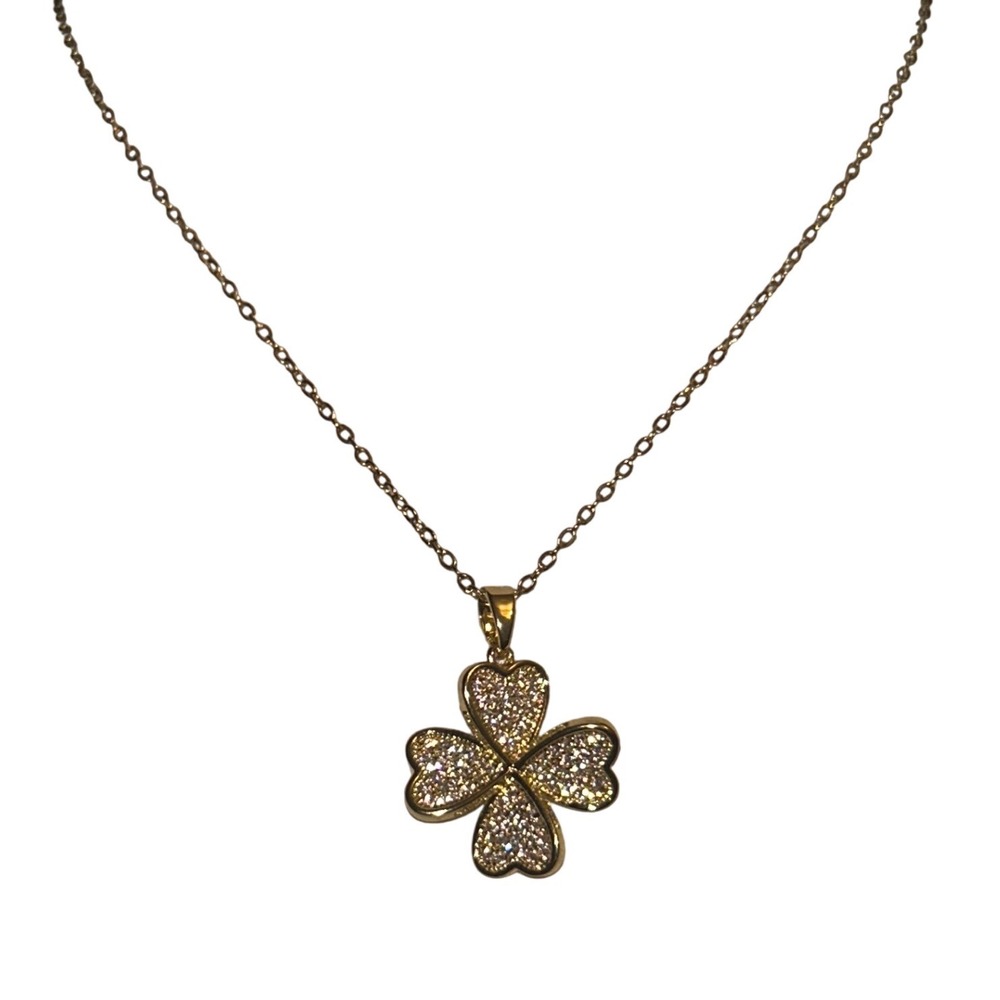 Gold Stainless Steel Pave Crystal Four Leaf Clover Pendant Necklace Lucky Charm
